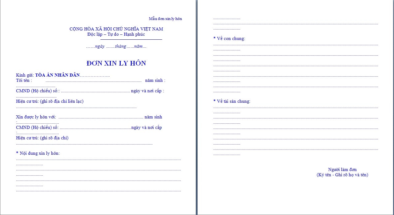 Mẫu đơn ly hôn viết tay chuẩn